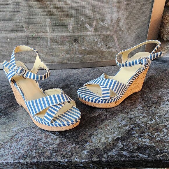 Eva & Zoe Blue/White Striped Sexy 1940s Cork Wedge Sandals Size 8 - Picture 4 of 16